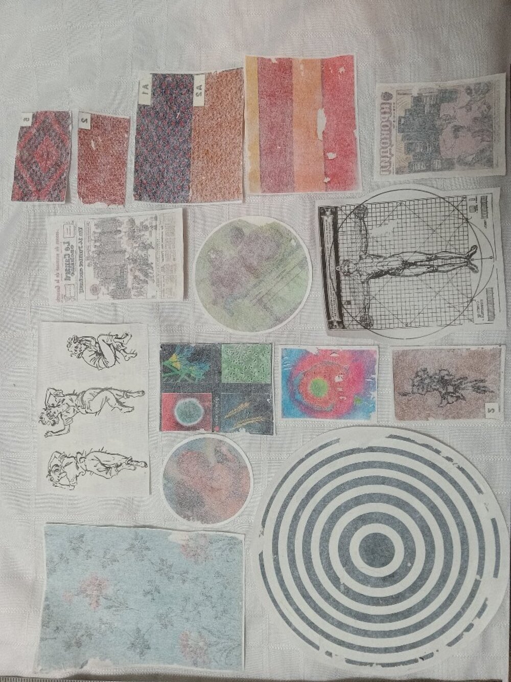 A large selection of handprinted cotton patch to sew with vintage illustrations